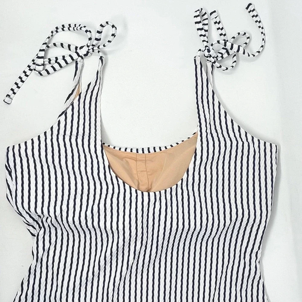 J Crew One Piece Swimsuit Wms XXL Navy Blue White Stripe Nautical Tie Shoulder
